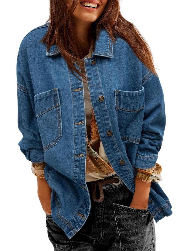 Women's Oversized Boyfriend Denim Jacket Button Down Long Sleeve Two Piece Casual Outerwear_mkmklike.com