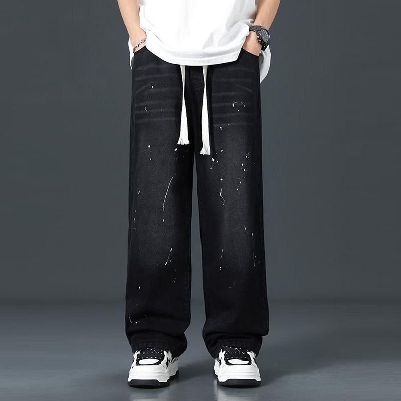 Men's Retro Washed Wide Leg Jeans Splatter Paint Casual Trousers High Street Plus Size Trendy Autumn Wear_mkmklike.com
