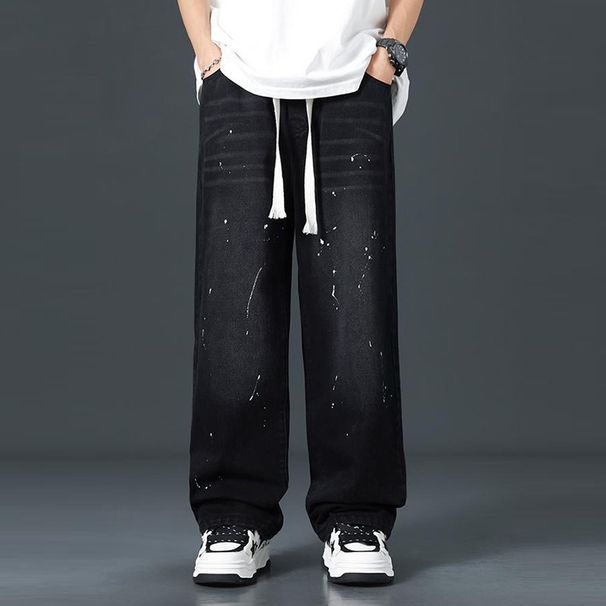 Men's Retro Washed Wide Leg Jeans Splatter Paint Casual Trousers High Street Plus Size Trendy Autumn Wear_mkmklike.com