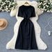 Women's Clothing Short Sleeve Stitching Diamond Waist Denim Dress Female Summer Slit Long Skirt_mkmklike.com