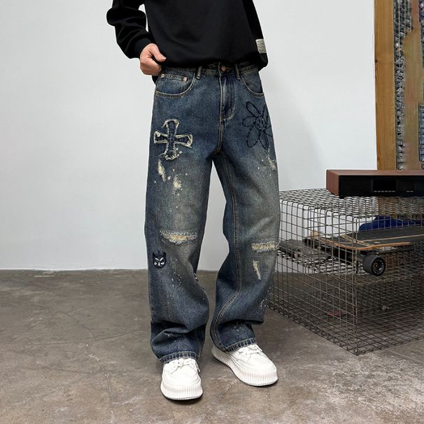 Men's Distressed Cross-Embroidery Jeans – Vintage American Style, Loose Straight-Leg Denim With Splatter Paint & Ripped Details_mkmklike.com
