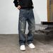 Men's Distressed Cross-Embroidery Jeans – Vintage American Style, Loose Straight-Leg Denim With Splatter Paint & Ripped Details_mkmklike.com
