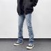 Men's Light Blue Slim Fit Straight Leg Jeans Washed High Street Style For Spring Autumn Versatile Casual Pants Fashionable_mkmklike.com