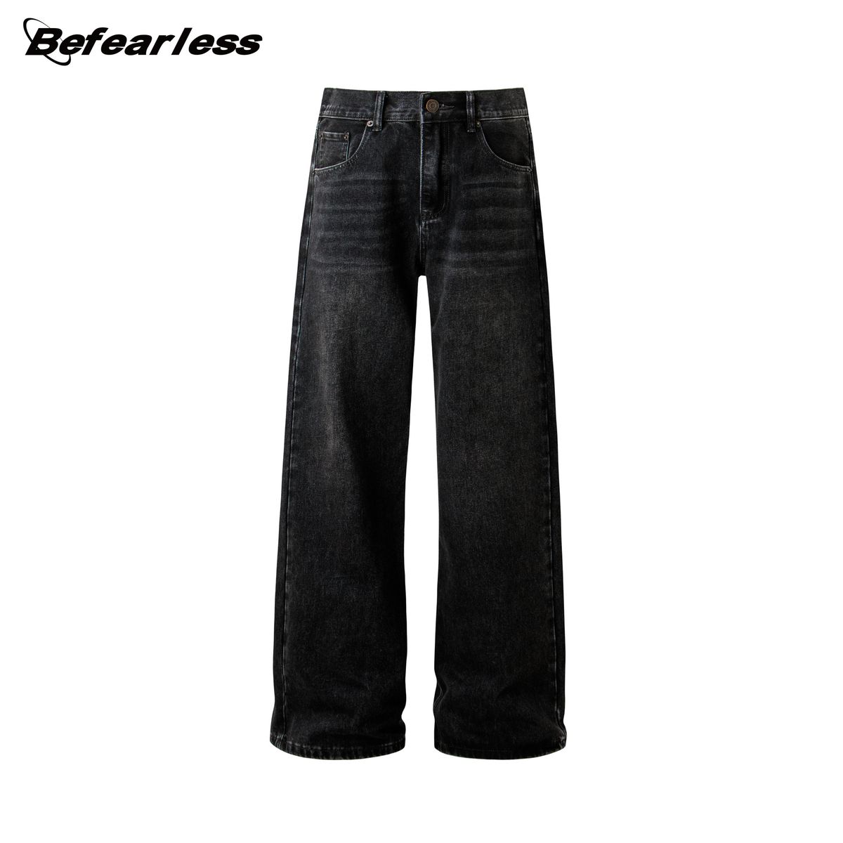 Men's Heavyweight 14.8oz Vintage Washed Denim Jeans – Relaxed Fit Straight-Leg & Slight Flare (Black)_mkmklike.com