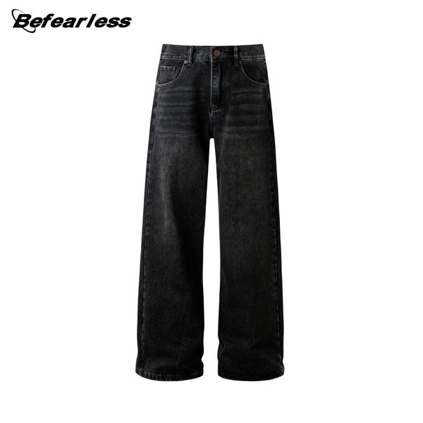 Men's Heavyweight 14.8oz Vintage Washed Denim Jeans – Relaxed Fit Straight-Leg & Slight Flare (Black)_mkmklike.com