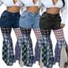 "Houndstooth Stitched Trumpet Denim Pants - Ruffled Hem & Vintage Flare (Light Blue/Dark Blue/Black, S-3XL)"_mkmklike.com