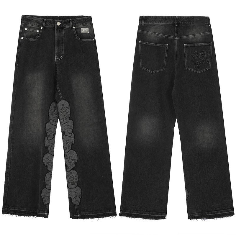 Men's Clothing High Street Loose Heavy Washed Distressed Embroidered Skull Vibe Style Trousers Men_mkmklike.com