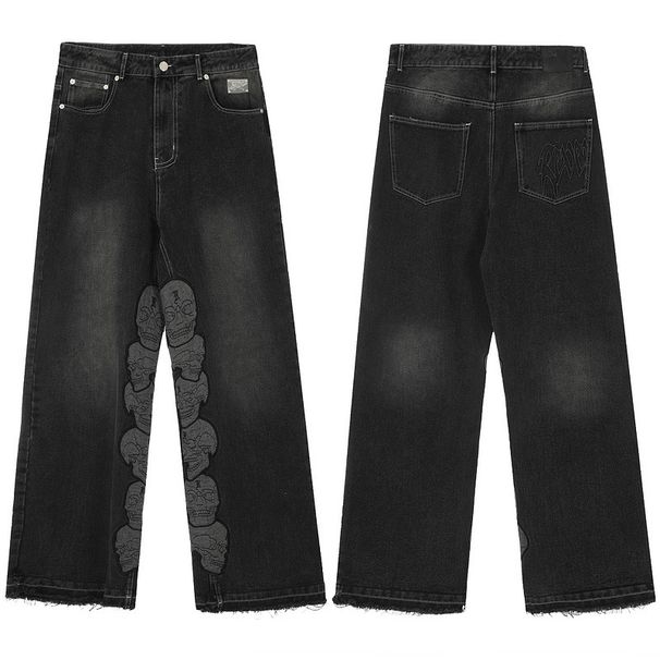 Men's Clothing High Street Loose Heavy Washed Distressed Embroidered Skull Vibe Style Trousers Men_mkmklike.com