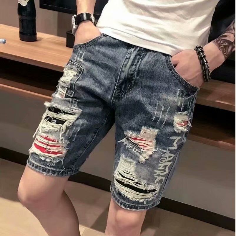 Men's Ripped Denim Shorts Trendy Half Length Distressed Five Point Unique Beggar Shorts Summer Collection_mkmklike.com