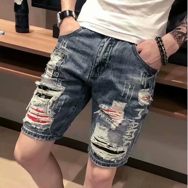 Men's Ripped Denim Shorts Trendy Half Length Distressed Five Point Unique Beggar Shorts Summer Collection_mkmklike.com