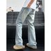 American High Street Vibe High-waisted For Men, Spring Vintage Blue Curved Cut Jeans, Washed Straight-leg Flared Pants_mkmklike.com