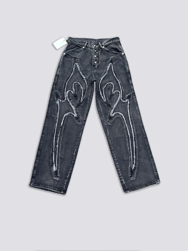Men's Clothing Laser Stitching Sickle Pattern Embroidery Mid Waist Loose Jeans_mkmklike.com