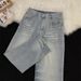 Men's Trendy Washed Blue Jeans High Street Summer Style Casual Wide Leg Trousers Loose Fit American Pants_mkmklike.com