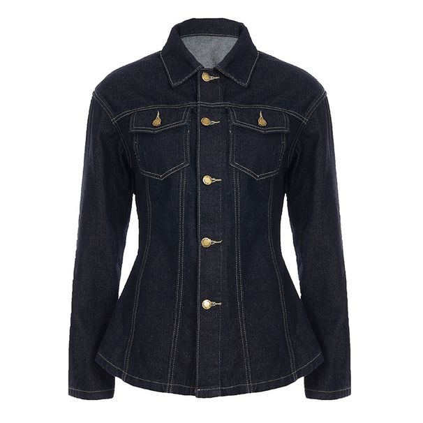 Vintage Washed Denim Shirt Jacket, Split-Panel Design With Waist-Defining Fit, Long Sleeve Casual Top For Women (Dark Blue)_mkmklike.com