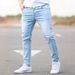 Summer New Men's Slim Fit Ripped Jeans Light Blue Mid Waist Casual Long Pants Cotton Standard Thickness Zipper Fly Slight Stretch_mkmklike.com