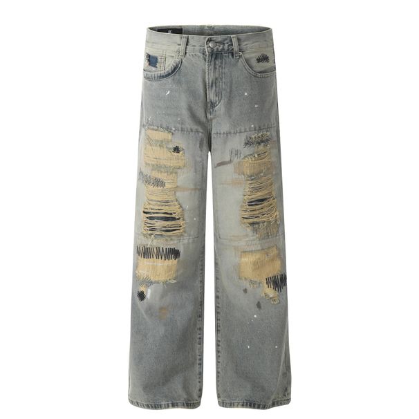 Men's Clothing Street Fashion 2024 Trendy High End Washed Dirty Old Hole Design Men's Loose Straight Jeans_mkmklike.com