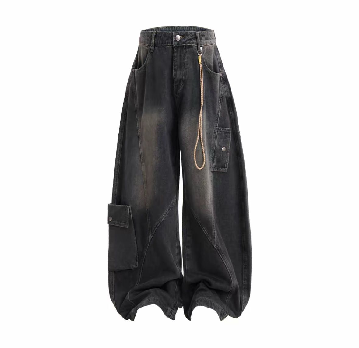 American Style Men's Curved Blade Jeans Multi Pocket Deconstructed Washed Straight Leg Wide Leg Trendy Long Pants_mkmklike.com
