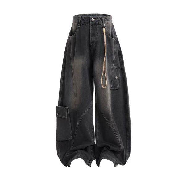 American Style Men's Curved Blade Jeans Multi Pocket Deconstructed Washed Straight Leg Wide Leg Trendy Long Pants_mkmklike.com