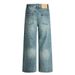 Distressed Washed Denim Men Loose Vintage Frayed Wide-Leg Straight Street Style Versatile Dad Pants_mkmklike.com