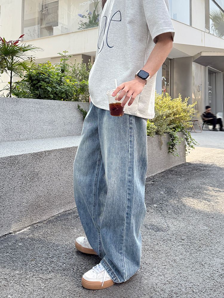 Men's Washed Blue Relaxed Fit Straight Leg Jeans – Summer Casual Denim Pants With Classic Comfort_mkmklike.com