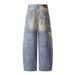 American Style 3D Digital Print Bear Chain Jeans For Men And Women, Designed Washed Wide-Leg Couple Straight Pants_mkmklike.com
