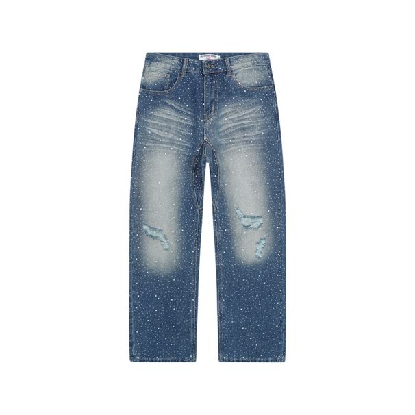 Vale Forever Full Rhinestone Straight-Leg Jeans Distressed Ripped Street Style Men_mkmklike.com