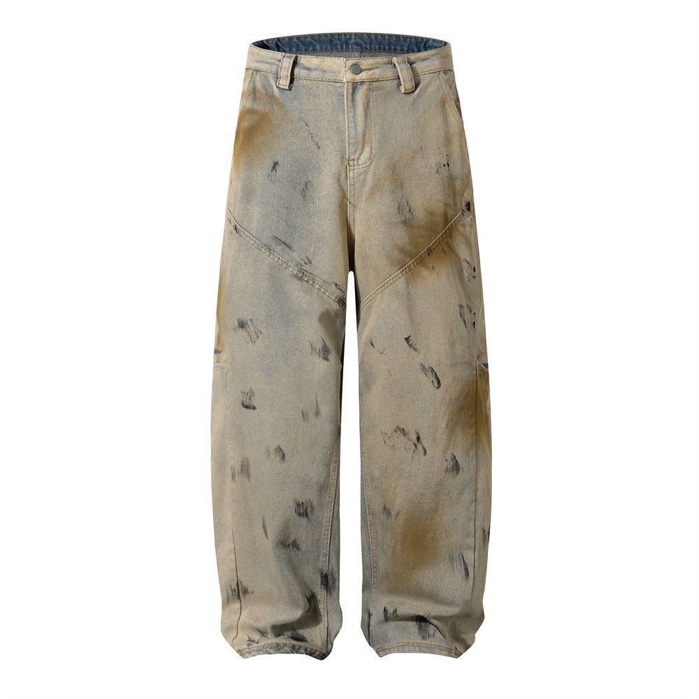 Mud-Dyed Scimitar Men's Loose Wide-Leg Pants Punk Wasteland Ink-Splattered Painted Washed Vintage Dirty Denim Trousers_mkmklike.com