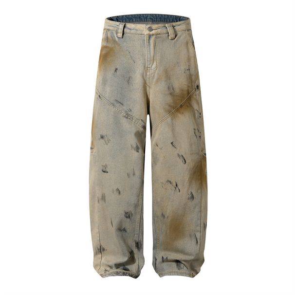 Mud-Dyed Scimitar Men's Loose Wide-Leg Pants Punk Wasteland Ink-Splattered Painted Washed Vintage Dirty Denim Trousers_mkmklike.com