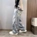 Unisex Retro High-Waisted Ripped Jeans Ink Splatter Pattern Straight Leg Trousers For Spring Autumn_mkmklike.com