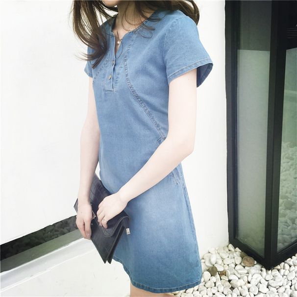 Spring/Summer Oversized Women's Clothing, Chubby Mm, Medium Length, Slim Fit, Fashionable Short Sleeved Denim Dress_mkmklike.com