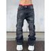 Men's Retro Washed Blue Straight Leg Jeans Loose Fit Wide Leg Floor Length Pants Simple Design_mkmklike.com