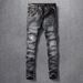 Men's Clothing Retro Ripped Jeans For Men Black Grey Washed Distressed Personality Worn Patches Slim Fit Trousers_mkmklike.com