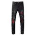 American High Street Ripped Jeans Personalized Red Patch Trendy Black Elastic Small Foot Slim Pants_mkmklike.com