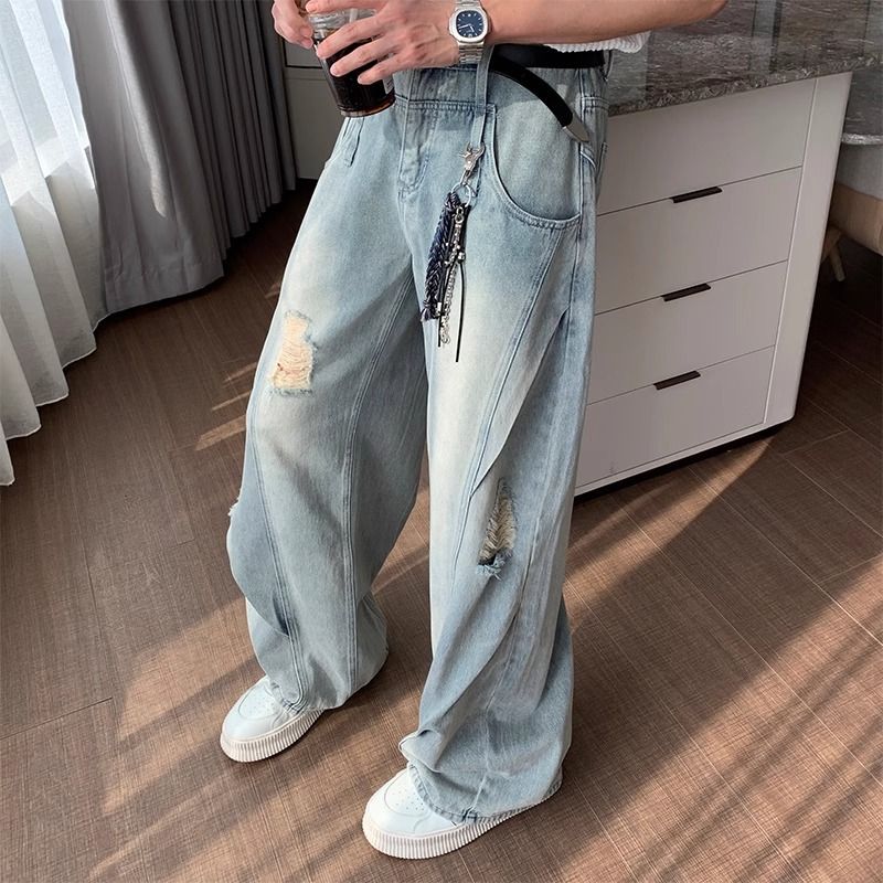Men's Ripped Straight Leg Jeans Loose Fit Wide Leg Patchwork Design High Street Style Trendy And Cool Denim_mkmklike.com