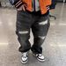 Men's Clothing Men's Black Straight Leg Jeans Ripped Patched Details Loose Fit Heavy Wash High Street Casual Style_mkmklike.com