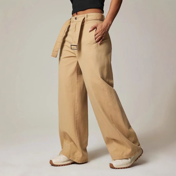 Women's High Waist Straight Leg Jeans - Casual Wide Leg Trousers With Detachable Belt In Khaki & Long_mkmklike.com