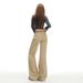 In-stock Wholesale Khaki-colored Slightly Flared Non-tight-fitting Women's Jeans, American Retro Low-waist Slim-fit Long_mkmklike.com