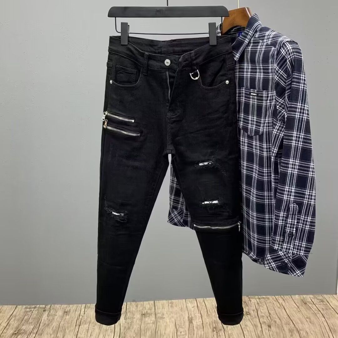 Men's Slim Fit Black Ripped Jeans - Stretch Comfort Denim Pants With Straight Leg & Mid Rise For Casual Wear_mkmklike.com