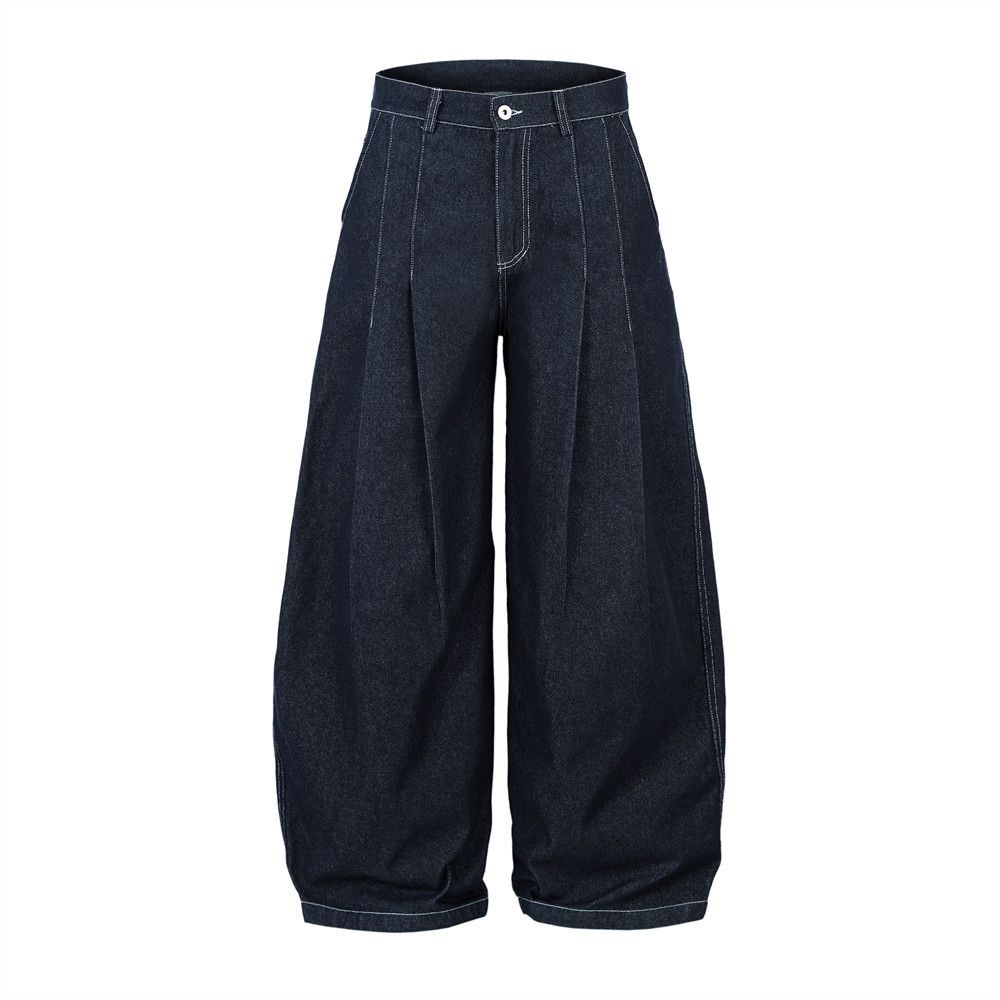 Loose Wide-Leg Scimitar Pants Men's Jeans Hip-Hop Rock Trendy Stitching Design Pleated Floor-Length Trousers_mkmklike.com