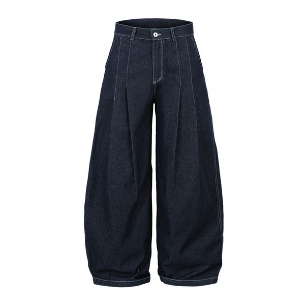 Loose Wide-Leg Scimitar Pants Men's Jeans Hip-Hop Rock Trendy Stitching Design Pleated Floor-Length Trousers_mkmklike.com