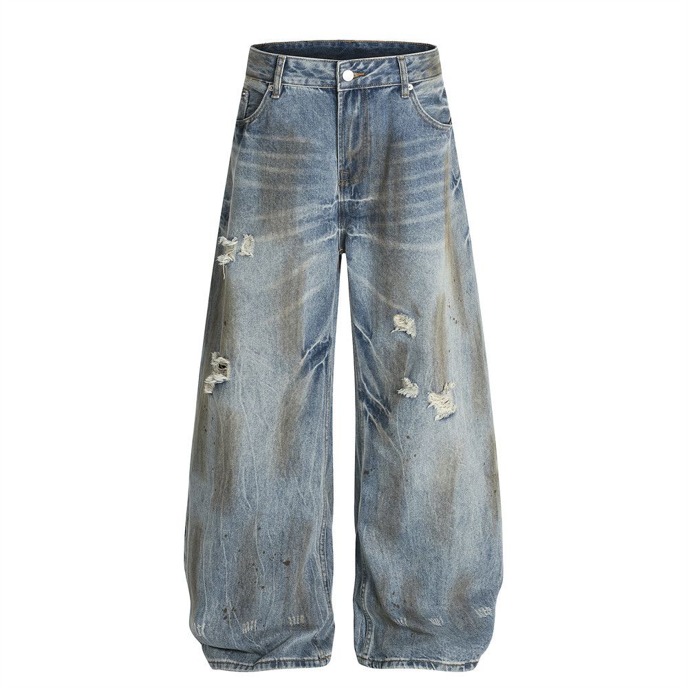 Vintage Distressed Ripped Denim Scimitar Pants Men's Punk Beggar Ink Splash Dirty Washed Curved Loose Wide-Leg Trousers_mkmklike.com