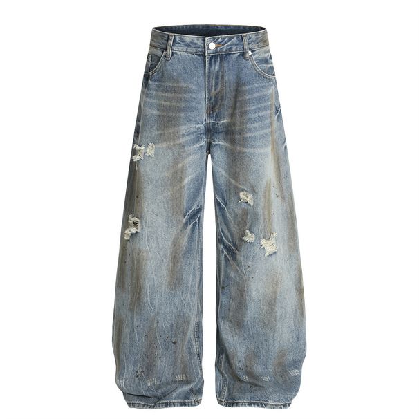 Vintage Distressed Ripped Denim Scimitar Pants Men's Punk Beggar Ink Splash Dirty Washed Curved Loose Wide-Leg Trousers_mkmklike.com