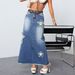 Women's Clothing Raw Edge Skirt Star Worn Denim Skirt High Waist Slit Jeans_mkmklike.com