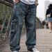 Washed Side Pockets Loose Fit Blue Straight Wide Leg Casual Denim Mens Baggy Cargo Jeans Pants For Men_mkmklike.com