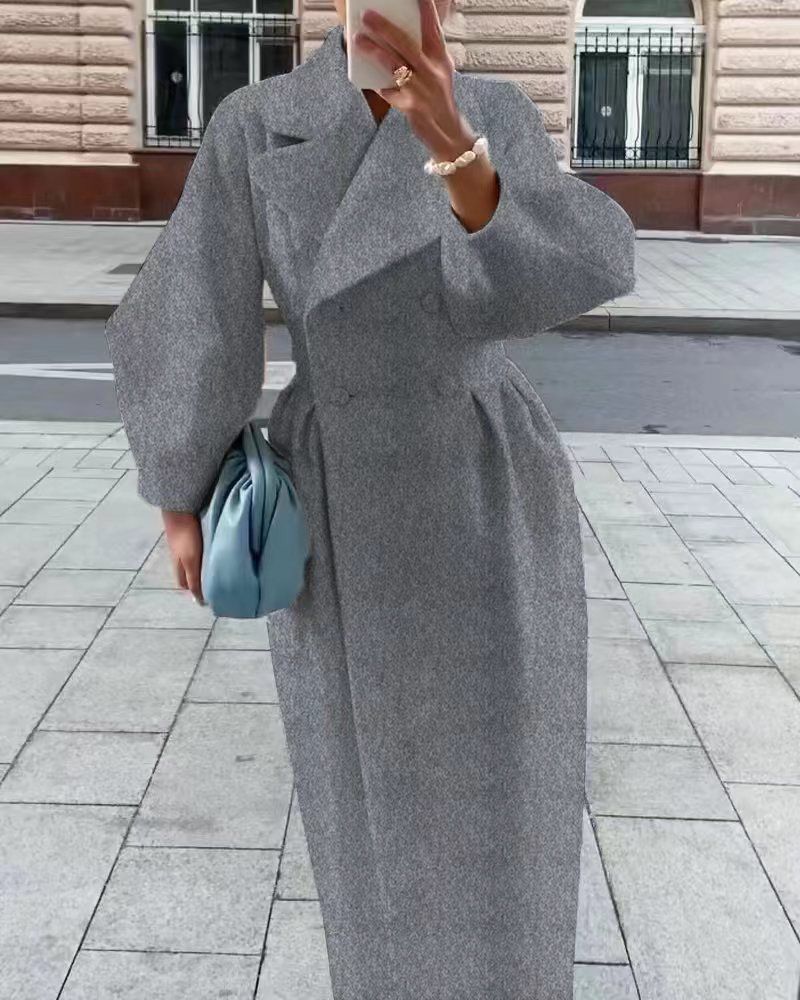 Women's woolen coat intellectual wind pocket lapel winter new solid color lantern sleeve female coat_mkmklike.com