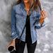 Vintage Wash Denim Jacket For Women, Non-Stretch V-Neck Long Sleeve Casual Coat In Light Blue, Dark Blue & Retro Blue_mkmklike.com
