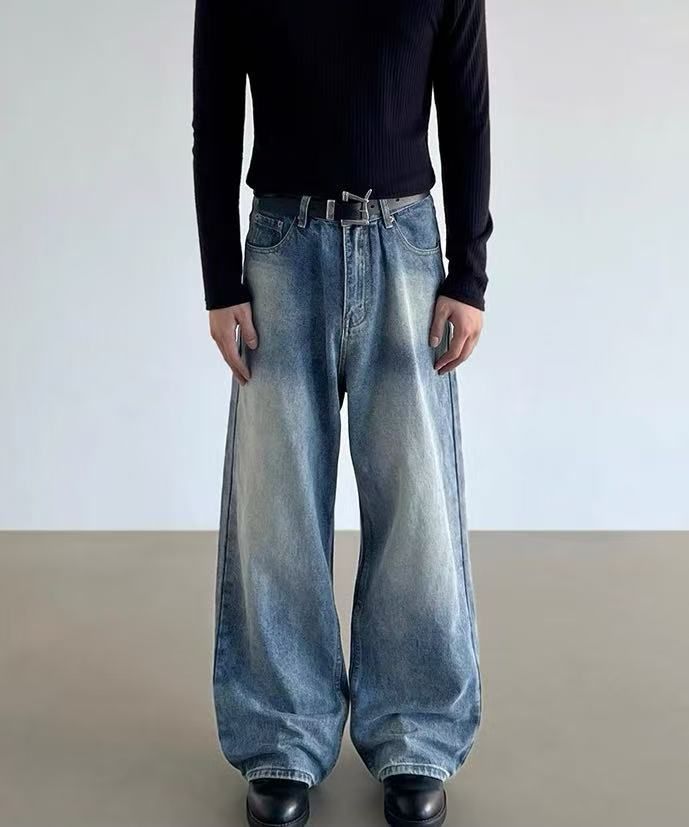 American Retro Vintage Jeans – Unisex Baggy Wide-Leg Denim Pants, Cleanfit Straight Cut For Men & Women (Vintage Blue/Black, S-XXL)_mkmklike.com
