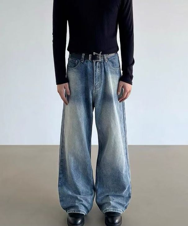 American Retro Vintage Jeans – Unisex Baggy Wide-Leg Denim Pants, Cleanfit Straight Cut For Men & Women (Vintage Blue/Black, S-XXL)_mkmklike.com