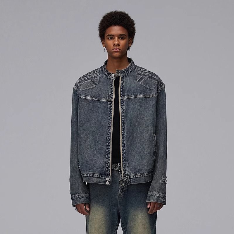 Men's Clothing Washed Distressed Denim Jacket Vintage Washed Denim Jacket For Men - Relaxed Fit Casual Distressed Coat With Frayed Details_mkmklike.com