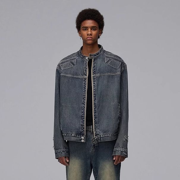 Men's Clothing Washed Distressed Denim Jacket Vintage Washed Denim Jacket For Men - Relaxed Fit Casual Distressed Coat With Frayed Details_mkmklike.com
